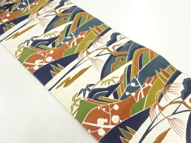 JAPANESE KIMONO / ANTIQUE KATAZOME LANDSCAPE PATTERN NAGOYA OBI